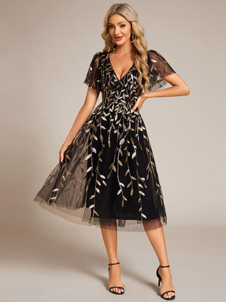 Exquisite Midi Length Ruffles Sleeve Tulle Sequin Dresses with Embroidery