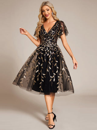Exquisite Midi Length Ruffles Sleeve Tulle Sequin Dresses with Embroidery