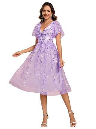 Exquisite Midi Length Ruffles Sleeve Tulle Sequin Dresses with Embroidery