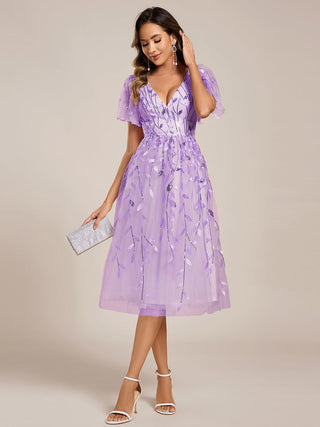 Exquisite Midi Length Ruffles Sleeve Tulle Sequin Dresses with Embroidery