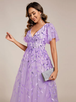 Exquisite Midi Length Ruffles Sleeve Tulle Sequin Dresses with Embroidery