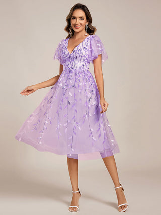 Exquisite Midi Length Ruffles Sleeve Tulle Sequin Dresses with Embroidery