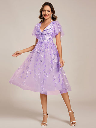 Exquisite Midi Length Ruffles Sleeve Tulle Sequin Dresses with Embroidery