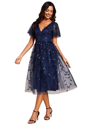 Exquisite Midi Length Ruffles Sleeve Tulle Sequin Dresses with Embroidery