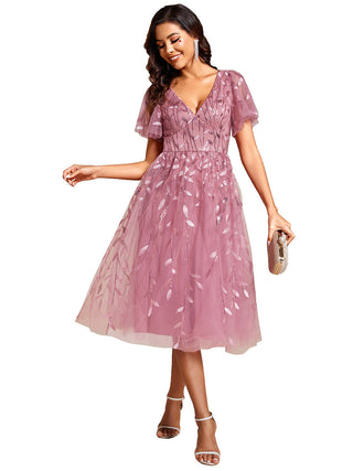 Exquisite Midi Length Ruffles Sleeve Tulle Sequin Dresses with Embroidery
