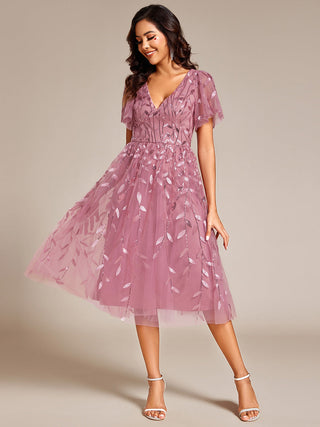 Exquisite Midi Length Ruffles Sleeve Tulle Sequin Dresses with Embroidery