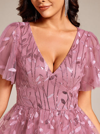 Exquisite Midi Length Ruffles Sleeve Tulle Sequin Dresses with Embroidery