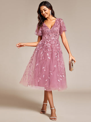 Exquisite Midi Length Ruffles Sleeve Tulle Sequin Dresses with Embroidery