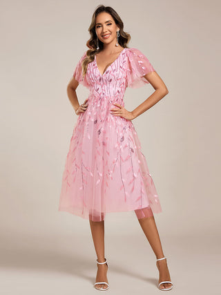 Exquisite Midi Length Ruffles Sleeve Tulle Sequin Dresses with Embroidery