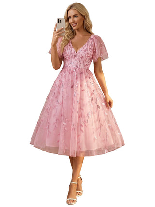 Exquisite Midi Length Ruffles Sleeve Tulle Sequin Dresses with Embroidery