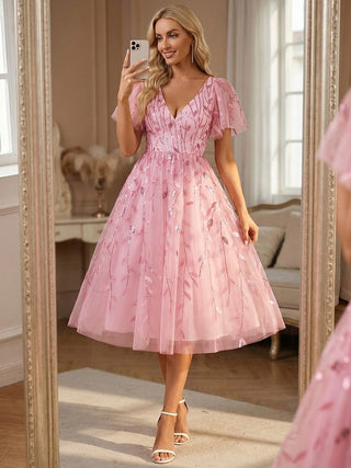 Exquisite Midi Length Ruffles Sleeve Tulle Sequin Dresses with Embroidery