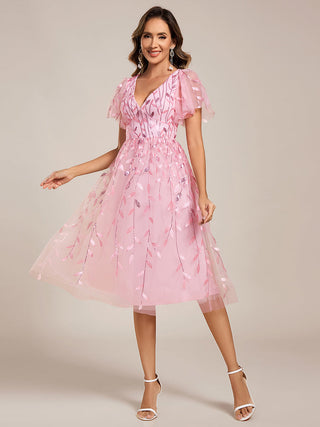 Exquisite Midi Length Ruffles Sleeve Tulle Sequin Dresses with Embroidery