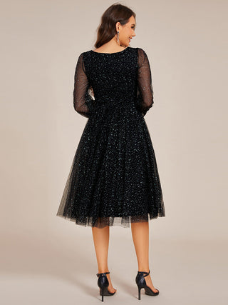 Exquisite See-Through Lantern Long Sleeve Midi Length Sequin Tulle Wedding Guest Dresses