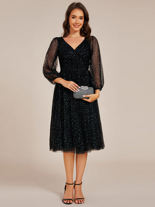 Exquisite See-Through Lantern Long Sleeve Midi Length Sequin Tulle Wedding Guest Dresses