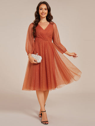 Exquisite See-Through Lantern Long Sleeve Midi Length Sequin Tulle Wedding Guest Dresses