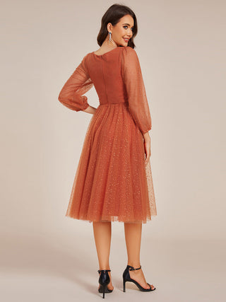 Exquisite See-Through Lantern Long Sleeve Midi Length Sequin Tulle Wedding Guest Dresses