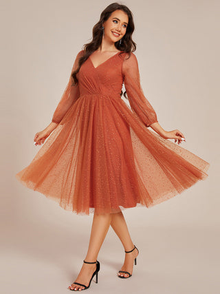 Exquisite See-Through Lantern Long Sleeve Midi Length Sequin Tulle Wedding Guest Dresses