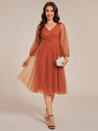 Exquisite See-Through Lantern Long Sleeve Midi Length Sequin Tulle Wedding Guest Dresses