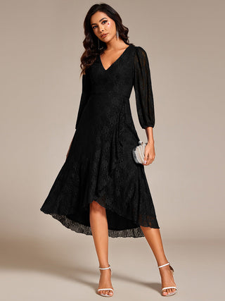 Exquisite Long Lantern Sleeves Regular Fold Stream Lotus Leaf Hem Wedding Guest Dresses with Jacquard Decoration