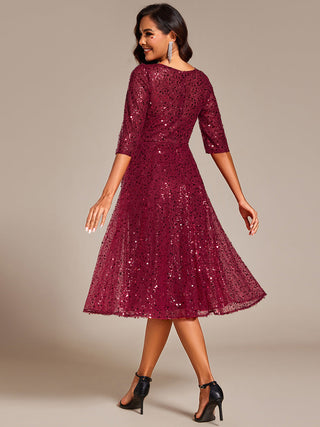 Elegant Round Neck 3/4 Puff Sleeve Bodycon Sequin Evening Dresses with Paillette