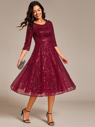 Elegant Round Neck 3/4 Puff Sleeve Bodycon Sequin Evening Dresses with Paillette
