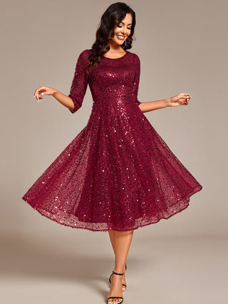 Elegant Round Neck 3/4 Puff Sleeve Bodycon Sequin Evening Dresses with Paillette