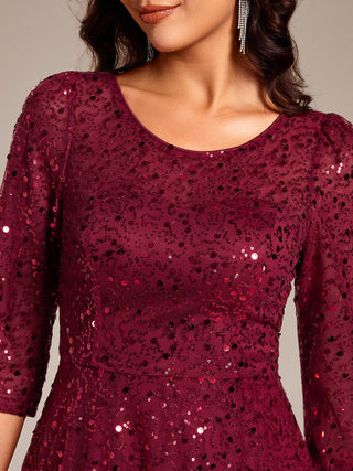 Elegant Round Neck 3/4 Puff Sleeve Bodycon Sequin Evening Dresses with Paillette