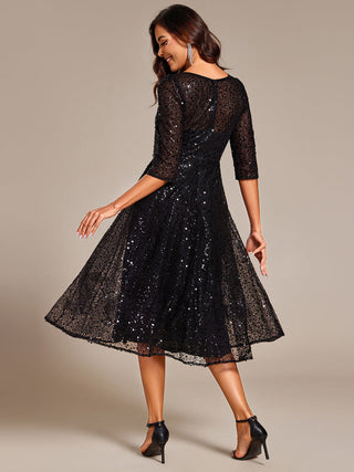 Elegant Round Neck 3/4 Puff Sleeve Bodycon Sequin Evening Dresses with Paillette