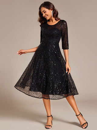 Elegant Round Neck 3/4 Puff Sleeve Bodycon Sequin Evening Dresses with Paillette