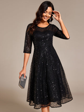 Elegant Round Neck 3/4 Puff Sleeve Bodycon Sequin Evening Dresses with Paillette