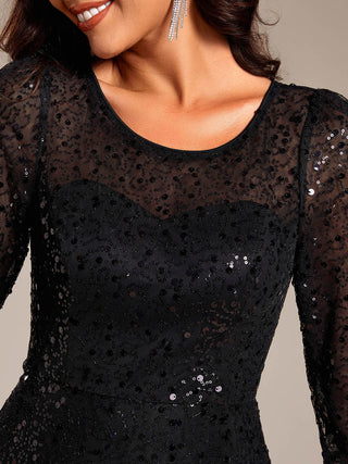 Elegant Round Neck 3/4 Puff Sleeve Bodycon Sequin Evening Dresses with Paillette