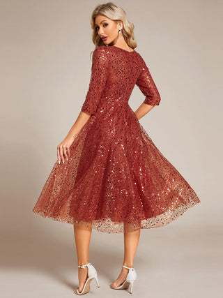Elegant Round Neck 3/4 Puff Sleeve Bodycon Sequin Evening Dresses with Paillette