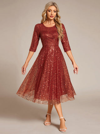 Elegant Round Neck 3/4 Puff Sleeve Bodycon Sequin Evening Dresses with Paillette