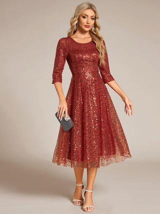 Elegant Round Neck 3/4 Puff Sleeve Bodycon Sequin Evening Dresses with Paillette