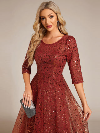 Elegant Round Neck 3/4 Puff Sleeve Bodycon Sequin Evening Dresses with Paillette