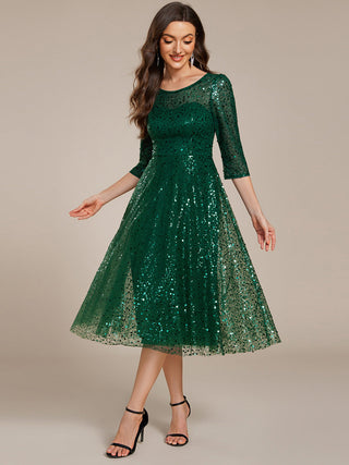 Elegant Round Neck 3/4 Puff Sleeve Bodycon Sequin Evening Dresses with Paillette