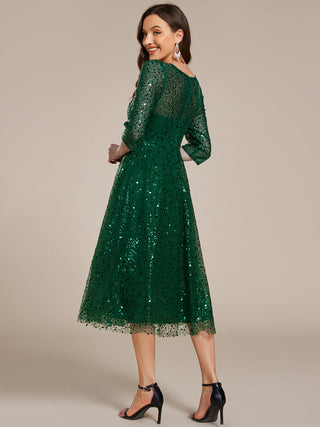 Elegant Round Neck 3/4 Puff Sleeve Bodycon Sequin Evening Dresses with Paillette