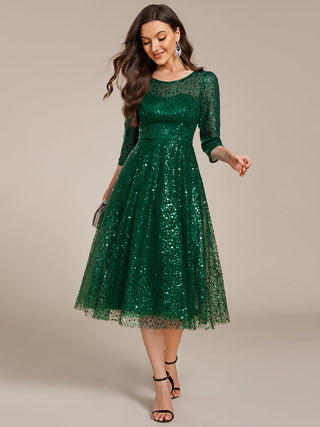 Elegant Round Neck 3/4 Puff Sleeve Bodycon Sequin Evening Dresses with Paillette