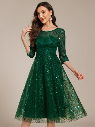Elegant Round Neck 3/4 Puff Sleeve Bodycon Sequin Evening Dresses with Paillette