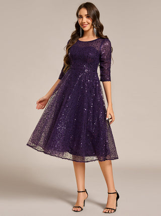 Elegant Round Neck 3/4 Puff Sleeve Bodycon Sequin Evening Dresses with Paillette