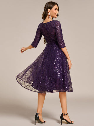 Elegant Round Neck 3/4 Puff Sleeve Bodycon Sequin Evening Dresses with Paillette