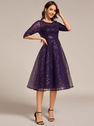 Elegant Round Neck 3/4 Puff Sleeve Bodycon Sequin Evening Dresses with Paillette