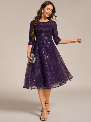 Elegant Round Neck 3/4 Puff Sleeve Bodycon Sequin Evening Dresses with Paillette