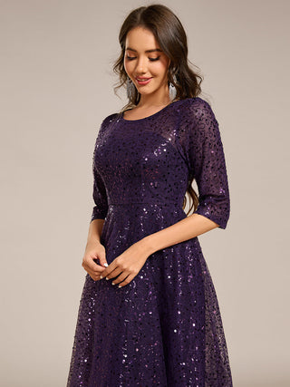 Elegant Round Neck 3/4 Puff Sleeve Bodycon Sequin Evening Dresses with Paillette