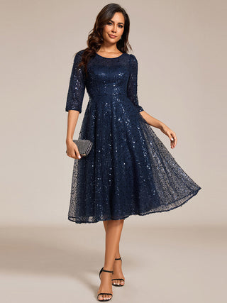 Elegant Round Neck 3/4 Puff Sleeve Bodycon Sequin Evening Dresses with Paillette