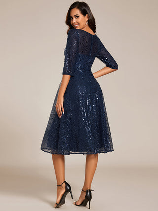 Elegant Round Neck 3/4 Puff Sleeve Bodycon Sequin Evening Dresses with Paillette