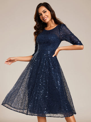 Elegant Round Neck 3/4 Puff Sleeve Bodycon Sequin Evening Dresses with Paillette