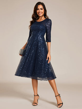 Elegant Round Neck 3/4 Puff Sleeve Bodycon Sequin Evening Dresses with Paillette