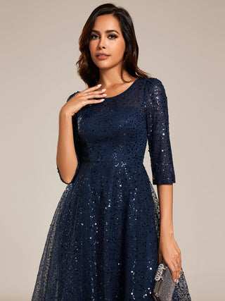 Elegant Round Neck 3/4 Puff Sleeve Bodycon Sequin Evening Dresses with Paillette