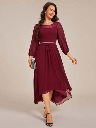 Elegant Round Neck Smocking Midi Length Chiffon Wedding Guest Dresses with Asymmetrical Hem